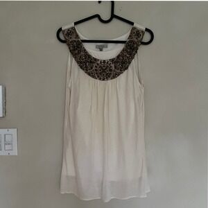 Bordeaux Los Angeles Women M/L Cream Beaded Sleeveless Sheer Top Anthropologie